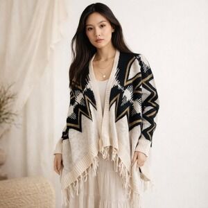 Akira Chicago Black Label Open Front Cardigan Geometric Aztec Southwestern Knit
